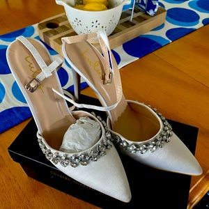 Lulu's Gluray White Satin Rhinestone Pumps